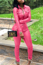 Розовый повседневный однотонный лоскутный карман с пряжкой и отложным воротником с длинным рукавом из двух предметов