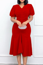 Красные элегантные однотонные лоскутные платья-русалка с воланами и V-образным вырезом в стиле пэчворк