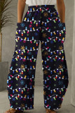 Pantaloni con stampa patchwork con stampa casual nera, tasche larghe, vita alta, gamba larga, stampa completa