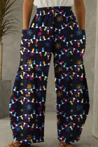 Pantaloni blu con stampa patchwork con stampa casual, tasche larghe, vita alta, gamba larga, stampa completa