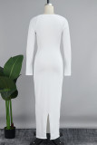 ホワイトカジュアルソリッドベーシックスクエアカラー長袖ドレス