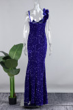 Blaue sexy formelle Patchwork-Pailletten, rückenfrei, geschlitzt, langes Kleid mit Spaghettiträgern