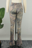 Bruine basic skinny broek met hoge taille, potlood en volledige print