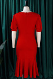 Vestidos vermelhos elegantes de retalhos sólidos com fivela e decote em V e trompete sereia