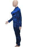 Blue Casual Solid Patchwork Fold Zipper O Neck Long Sleeve Two Pieces