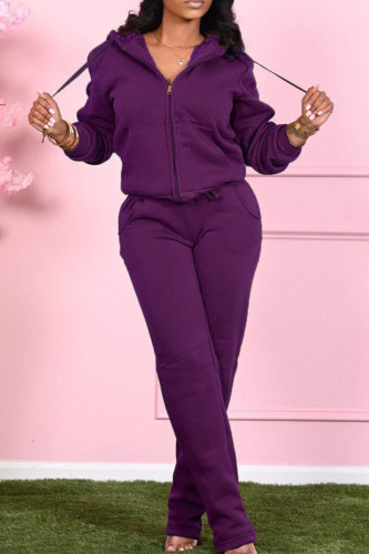 Purple Casual Draw String Pocket Hooded Collar Long Sleeve Jackets And Sweatpants Sportwear Two Piece Jogger Set