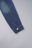 Baby Blue Street Solid Patchwork Pocket Buckle Turndown Collar Long Sleeve Regular Distressed Ripped Denim Jacket