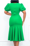 Verde elegante sólido patchwork fivela babado decote em V vestidos sereia trompete