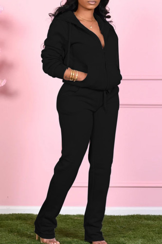 Black Casual Draw String Pocket Hooded Collar Long Sleeve Jackets And Sweatpants Sportwear Two Piece Jogger Set
