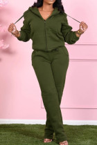Verde militar casual sólido patchwork cordão bolso gola com capuz manga comprida duas peças