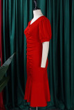 Rotes, elegantes, einfarbiges Patchwork-Meerjungfrauenkleid mit Volant und Trompetenausschnitt und V-Ausschnitt