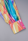 Colour Casual Color Block Patchwork Buckle Turndown Collar Plus Size Tops