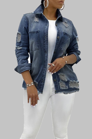 Blue Street Solid Patchwork Pocket Buckle Turndown Collar Long Sleeve Regular Distressed Ripped Denim Jacket