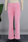 Pantalones de color sólido de lápiz de cintura baja regular con cadenas de retazos lisos sexy rosa