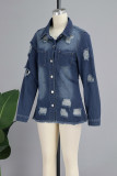 Baby Blue Street Solid Ripped Patchwork Pocket Buckle Turndown Collar Long Sleeve Regular Denim Jacket