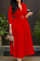 Rote, elegante, solide Patchwork-Knöpfe mit Gürtel, plissiertes langes Kleid mit V-Ausschnitt