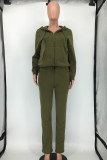 Army Green Casual Solid Patchwork Draw String Pocket Hooded Collar Long Sleeve Two Pieces