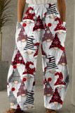 White Red Casual Print Patchwork Pocket Loose High Waist Wide Leg Full Print Bottoms
