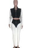 Black Casual Solid Patchwork Zipper Turndown Collar Three Quarter Two Pieces
