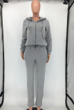 Grey Casual Solid Patchwork Draw String Pocket Hooded Collar Long Sleeve Two Pieces