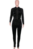 Black Casual Solid Patchwork Fold Zipper O Neck Long Sleeve Two Pieces