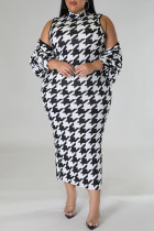 Schwarz-weißes, lässiges Basic-Kleid mit halbem Rollkragen, ärmellos, Übergröße, zweiteilig