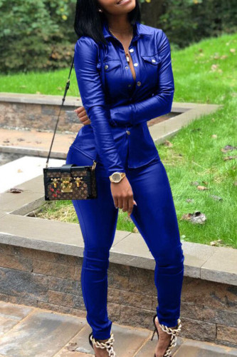 Royal Blue Casual Solid Patchwork Pocket Buckle Turndown Collar Long Sleeve Two Pieces