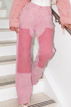 Pink Street Pantalones rectos de cintura alta con cremallera y botones de bolsillo con diseño de bloques de color y patchwork de color rosa