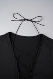 Robes noires décontractées et sexy, couleur unie, fente ajourée, col en V, manches longues