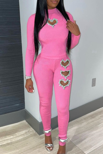 Pink Sexy Geometric Patchwork Hot Drill O Neck Long Sleeve Two Pieces