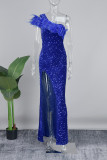 Blue Sexy Formal Patchwork Sequins Feathers Backless Slit Oblique Collar Evening Dress Dresses