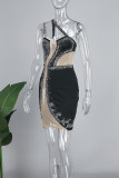Vestidos de falda envueltos con cuello oblicuo, transparentes, con perforación en caliente, sexys, negros