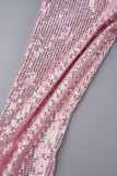 Розовые сексуальные лоскутные бретельки с буквенным принтом и круглым вырезом с длинным рукавом из двух частей
