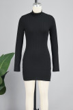 Black Casual Solid Slit Turtleneck Long Sleeve Dresses