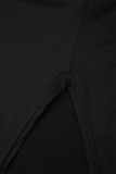 Schwarze Street Solid Pailletten Patchwork High Opening Langes Kleid mit V-Ausschnitt