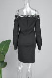 Svarta Casual Solid urholkade långärmade klänningar från axeln