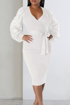 Branco elegante sólido renda bandagem retalhos decote em V vestidos de saia lápis