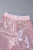 Розовые сексуальные лоскутные бретельки с буквенным принтом и круглым вырезом с длинным рукавом из двух частей