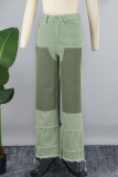 Verde rua cor bloco retalhos bolso botões zíper em linha reta cintura alta reta retalhos bottoms