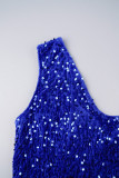 Bleu Sexy formelle Patchwork paillettes plumes dos nu fente col Oblique robes de soirée