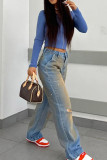 Синие уличные однотонные рваные джинсы для колледжа в стиле «старый пэчворк» с карманами и пуговицами на молнии с заниженной талией, прямые джинсовые джинсы