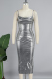 Zilveren elegante effen patchwork split rits spaghetti band lange jurk jurken