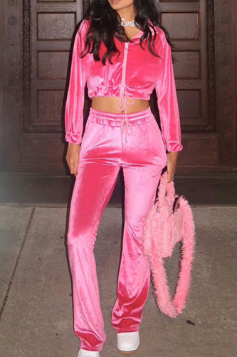 Pink Street Solid Patchwork Draw String Zipper Mandarin Collar Long Sleeve Two Pieces