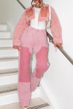 Розовый уличный цветной блок Лоскутные карманные пуговицы Молния Прямые прямые брюки с высокой талией в стиле пэчворк