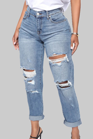 Light Blue Casual Solid Patchwork Pocket Buttons Zipper Mid Waist Straight Ripped Denim Jeans