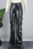 Pantalones negros informales de parches lisos con pliegues ajustados de cintura alta convencionales de color sólido