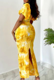 Gelbes, süßes Patchwork-Kleid mit Kordelzug, Reißverschluss, quadratischem Kragen und bedrucktem Kleid