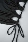 Черные сексуальные повседневные однотонные длинные платья с уздечкой и круглым вырезом