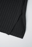 Vestidos pretos casuais de manga comprida com fenda sólida e gola alta