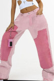 Pink Street Pantalones rectos de cintura alta con cremallera y botones de bolsillo con diseño de bloques de color y patchwork de color rosa